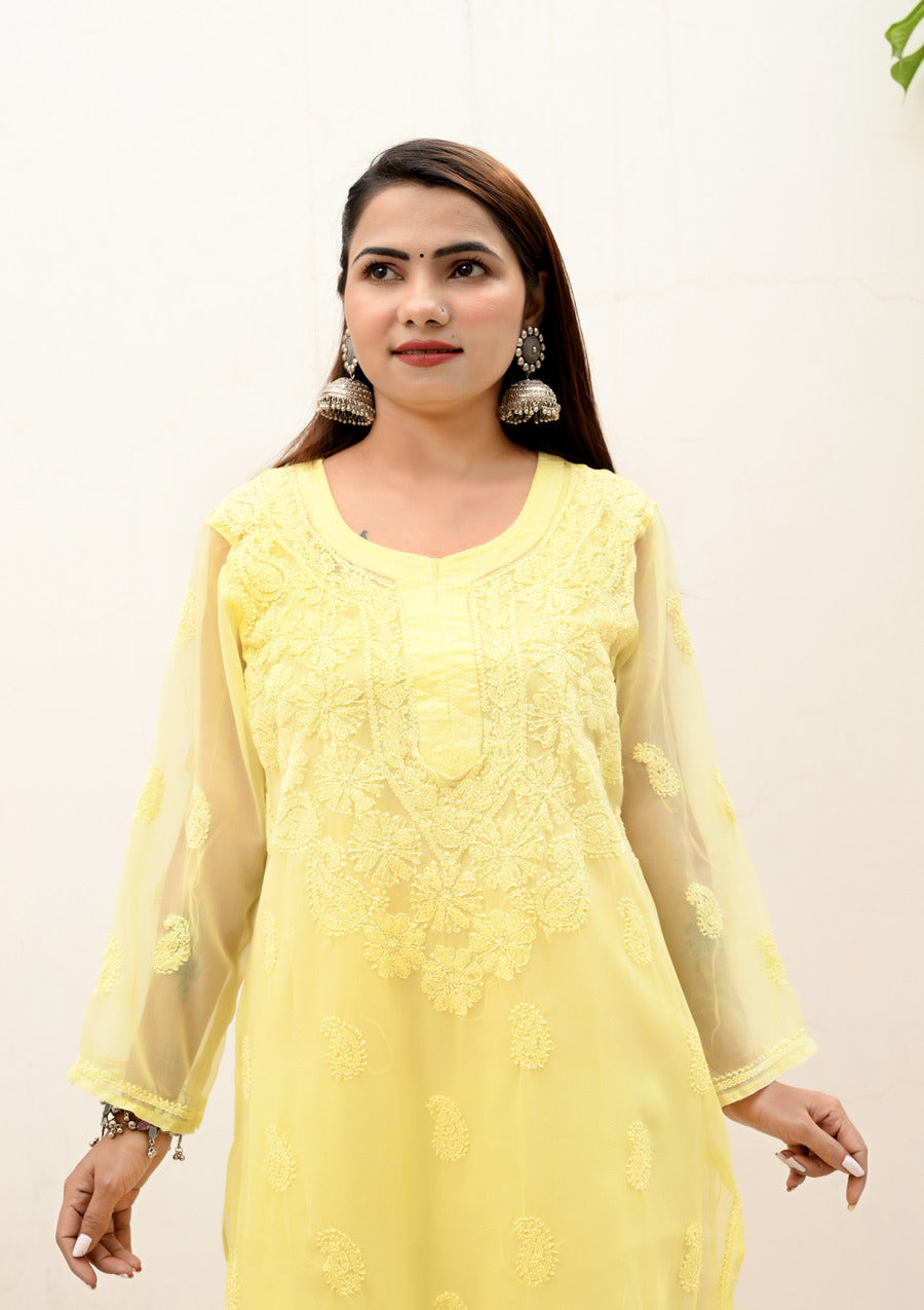 Buy Lucknow Chikan Emporium Hand Embroided Skin Friendly Semi Georgette  Chikankari Kurti Lemon Yellow. Online at Best Prices in India - JioMart.